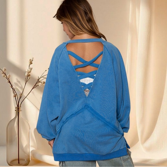 POL Cobalt Blue Open Back Sweatshirt | Criss Cross Cutout Balloon Sleeve Top - Picture 4 of 7